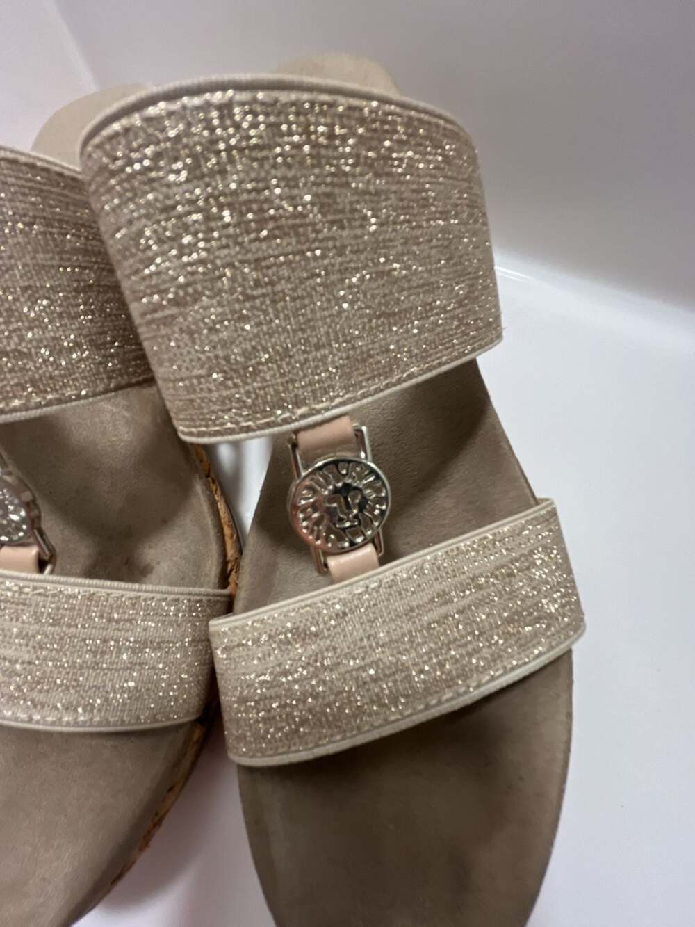 Anne Klein AK Gold Shimmer Glitter Wedge Slide Sandals with Lion Logo Ornament